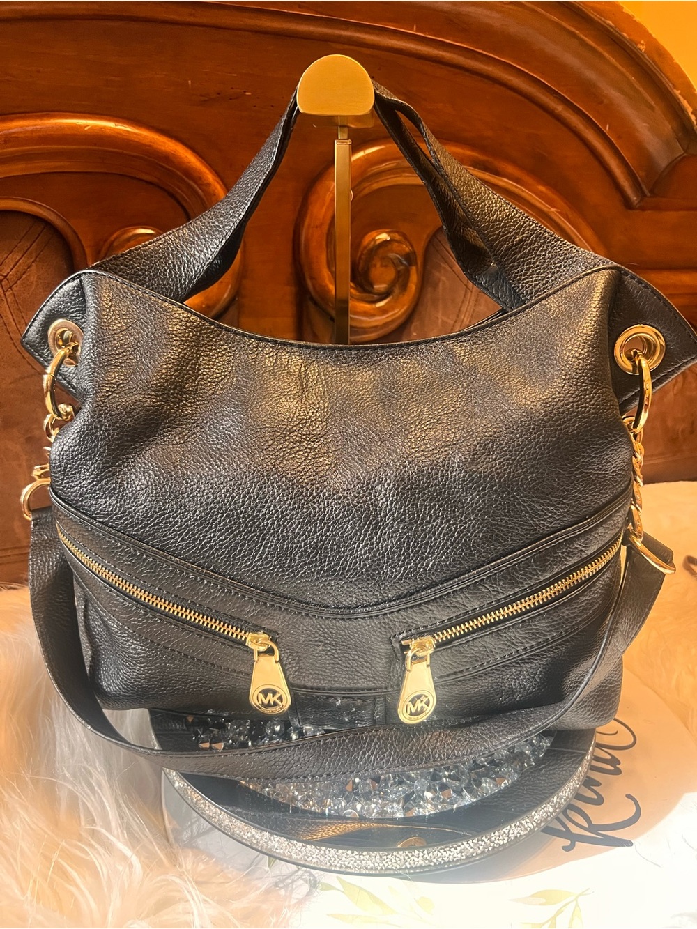 Michael Kors Black Pebbled Leather Jacket with Gold Hardware shoulder bag
